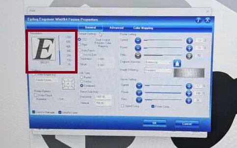 Screenshot of the print dialog showing DPI settings for the laser cutter.