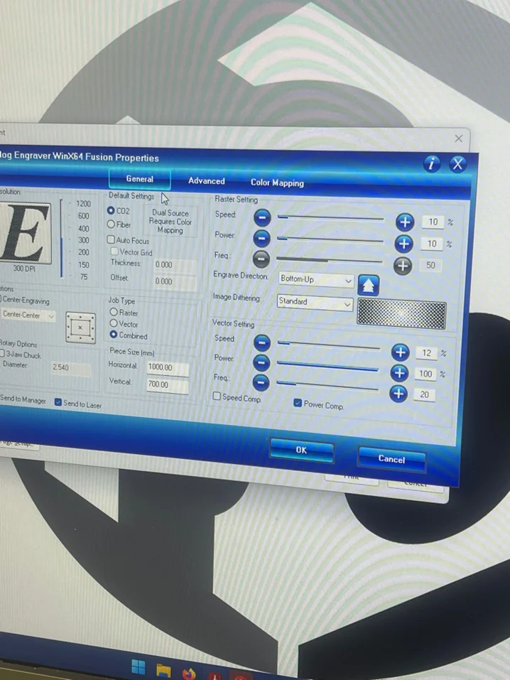 Screenshot of the software dialog for setting laser speed and power parameters.